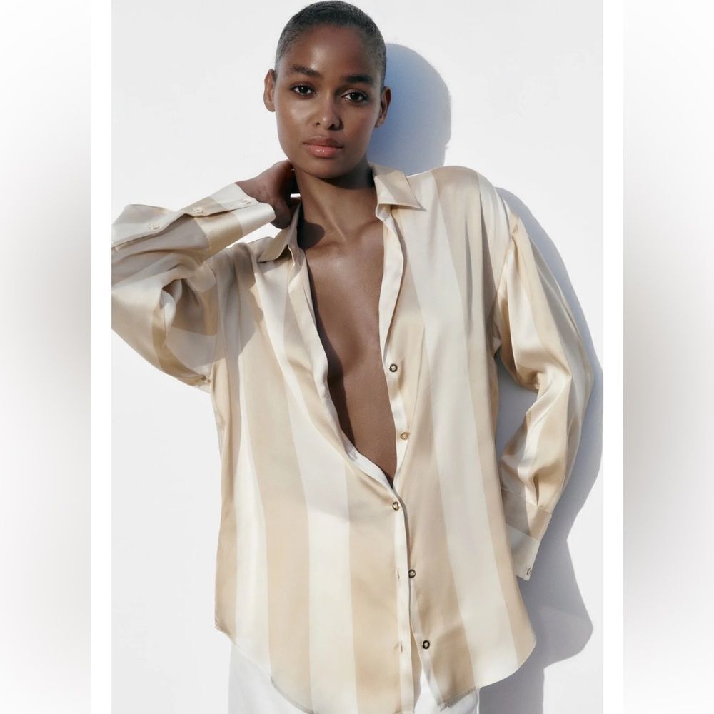 WOMEN SATIN OVERSIZE SHIRT SAND BEIGE  SZ XS